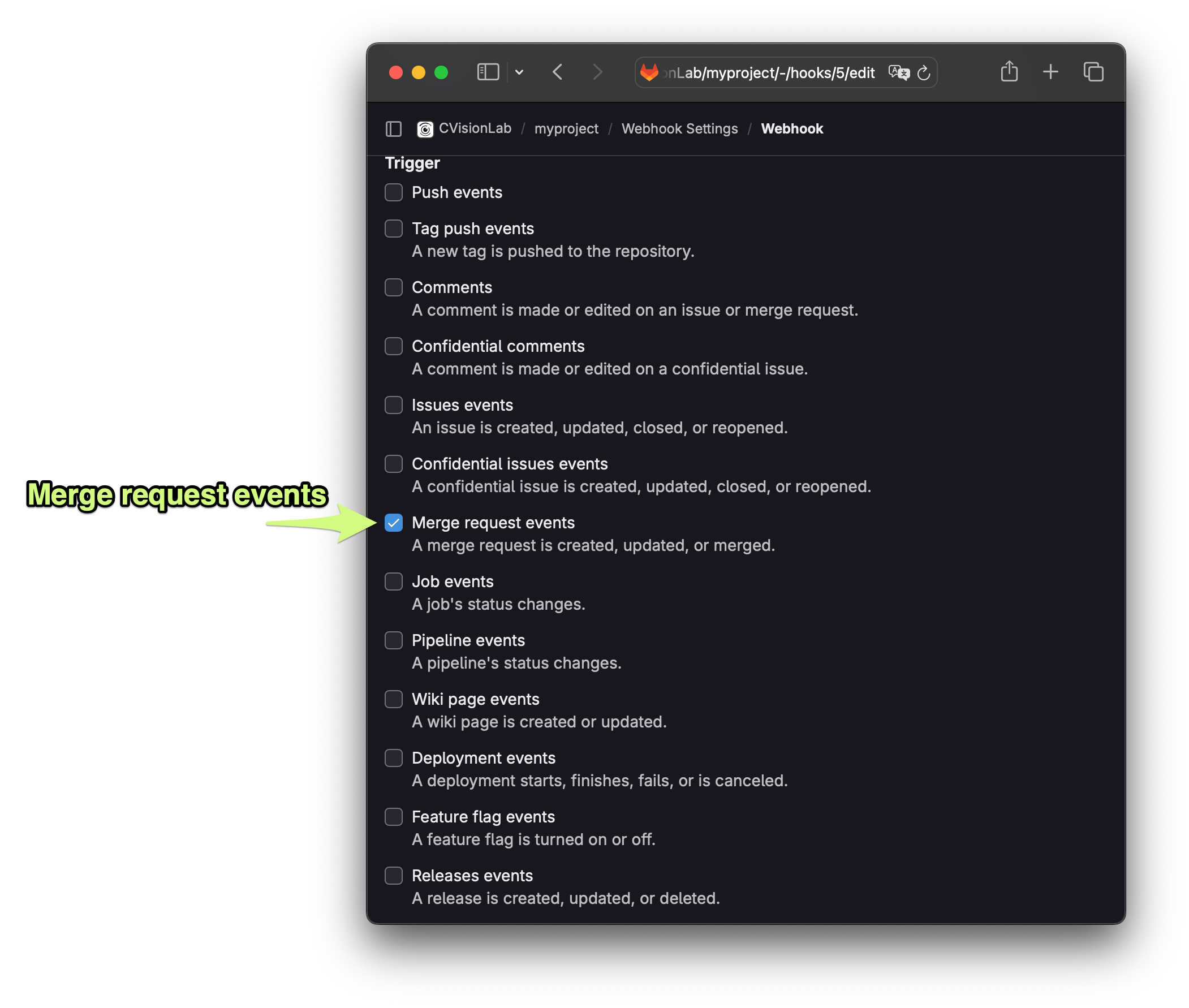 Webhook Merge Request events configuration